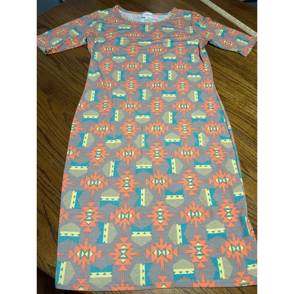 LuLaRoe Julia Dress Womens Medium Grey Orange Southwestern Geometric Sheath